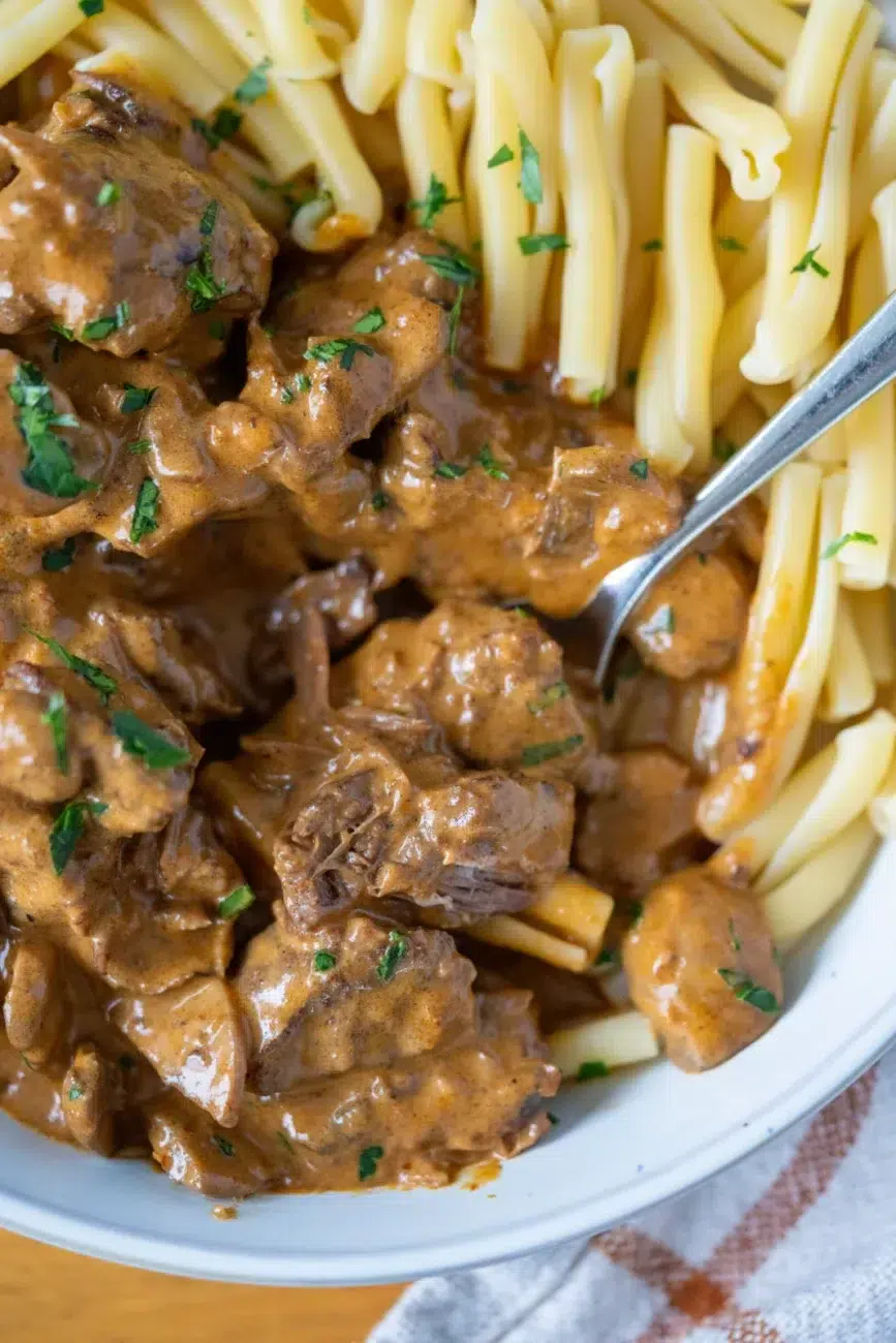 Close-up of slow-cooked beef stroganoff served over a bed of pasta, featuring tender chunks of beef in a rich, creamy mushroom sauce, garnished with chopped parsley and plated in a white bowl with a fork.