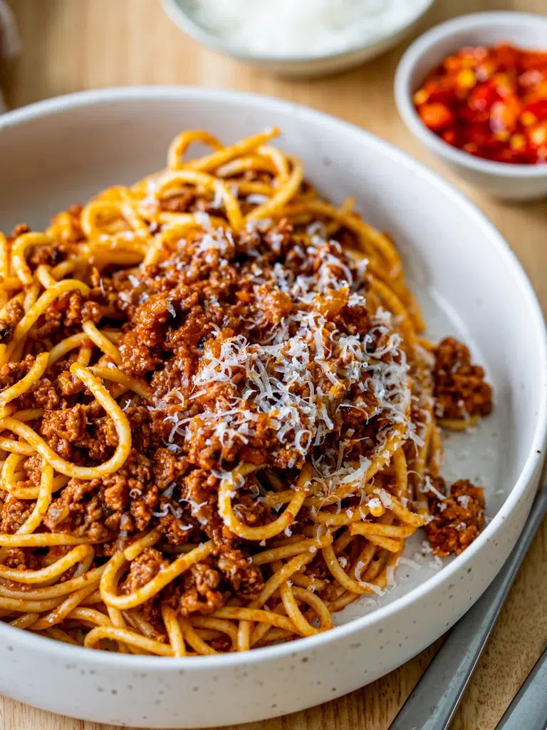 Side view of Bolognese sauce highlighting its rich texture and hearty ingredients