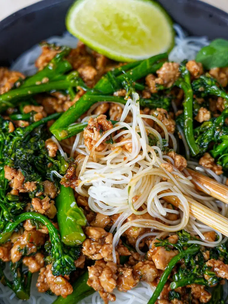Chicken and Thai basil stir-fry with noodles