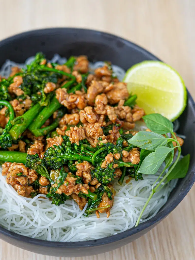 Chicken and Thai basil stir-fry with noodles