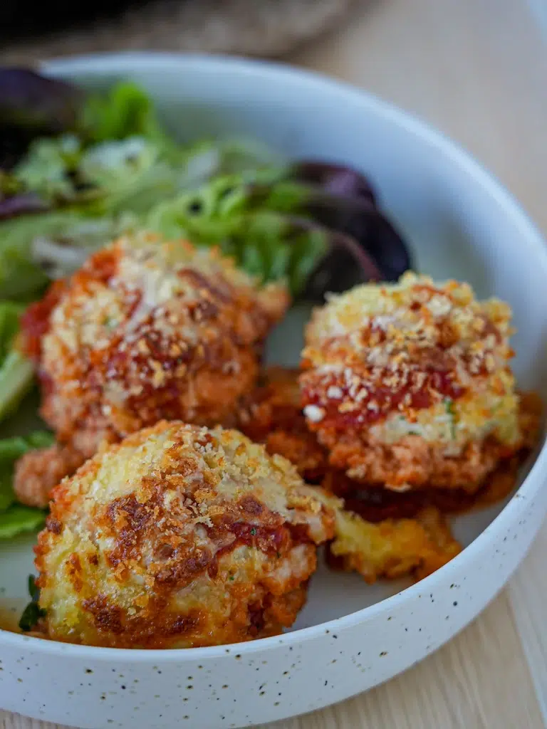 Close-up of Chicken Meatball Parmigiana in a Bowl