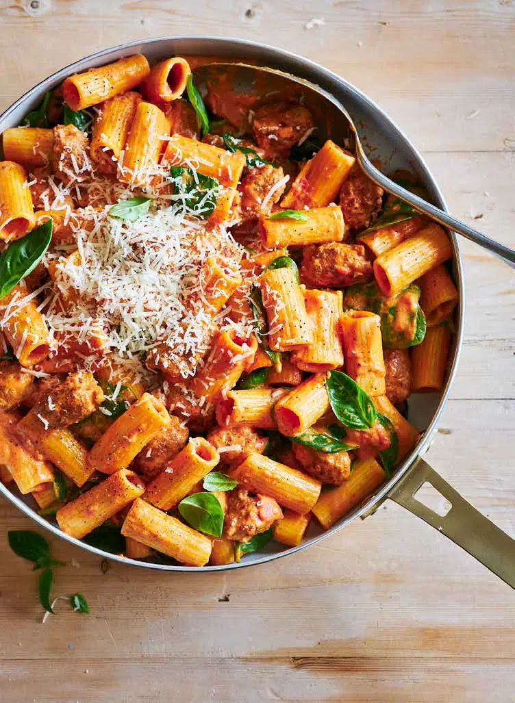 One-pan creamy pork sausage rose pasta, ready to serve.