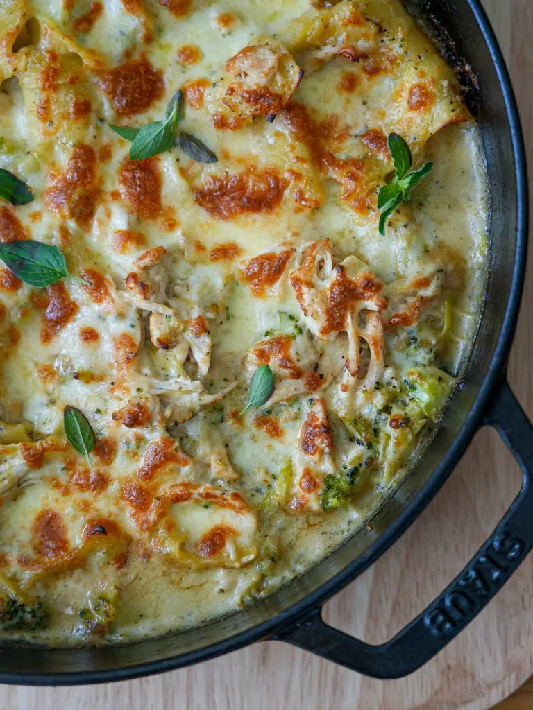 Close-up of freshly baked Chicken and Broccoli Lasagne in a pan