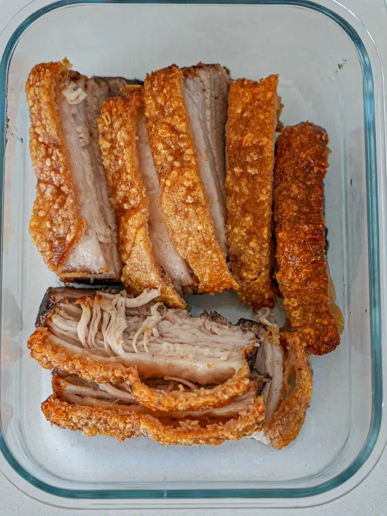 Freezer-friendly sliced pork arranged in a dish
