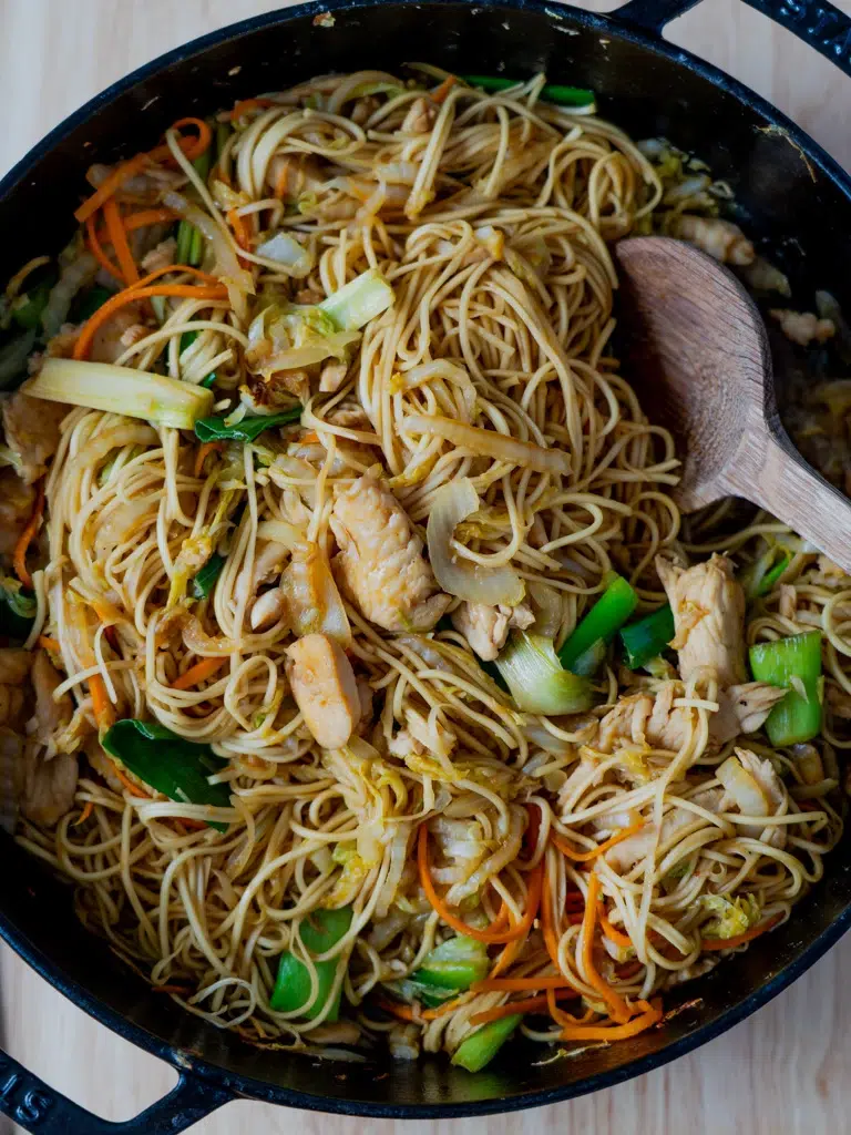 Overhead shot of Chicken Lo Mein in a pan.