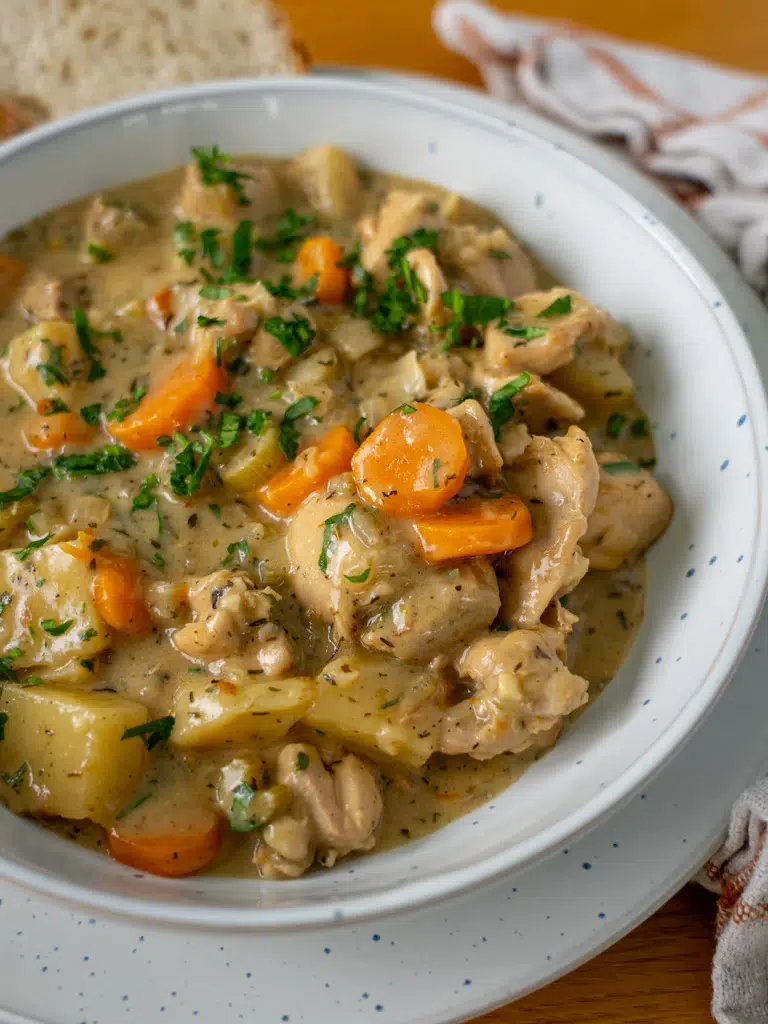 Side view of a bowl of hearty chicken stew, garnished with fresh herbs.
