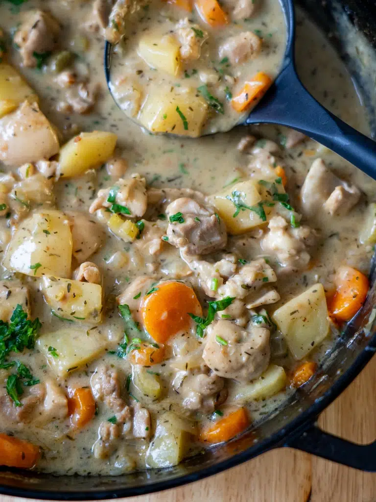 Close-up of hearty chicken stew in a pan with a ladle, showcasing tender chicken and vegetables.