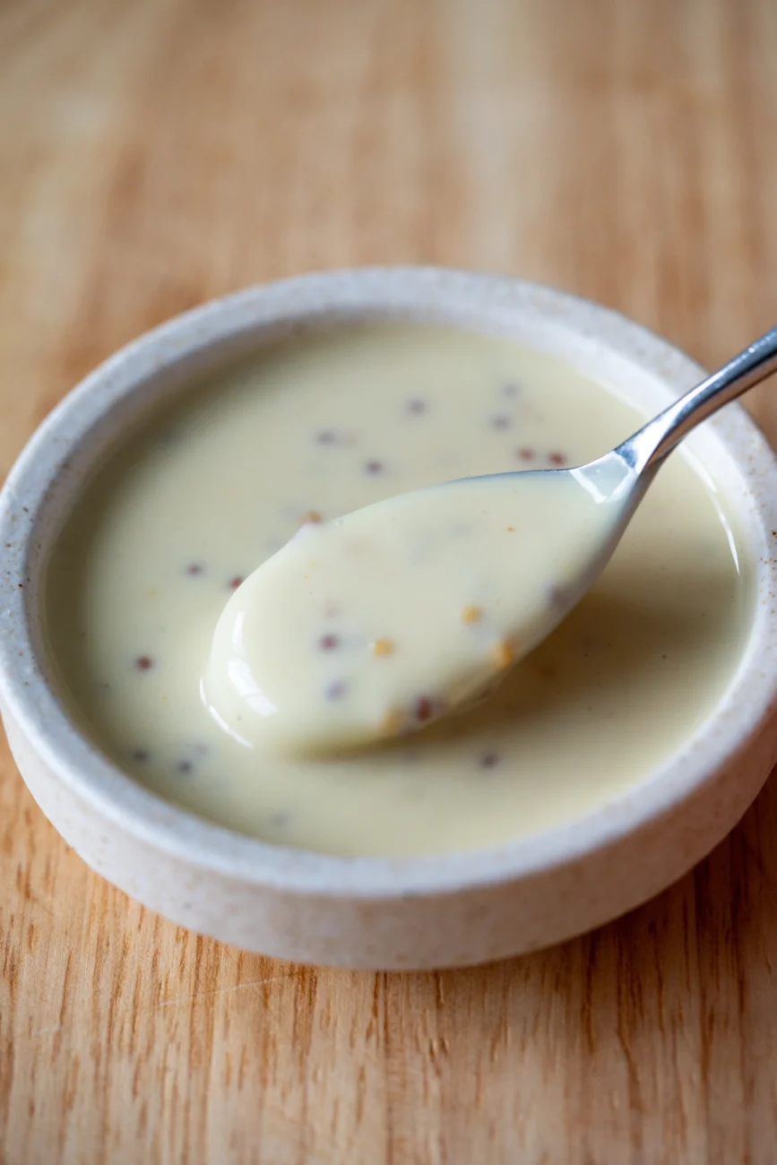 A close-up of honey mustard dipping sauce in a small bowl with a spoon resting on top, showing the creamy texture and visible mustard seeds.