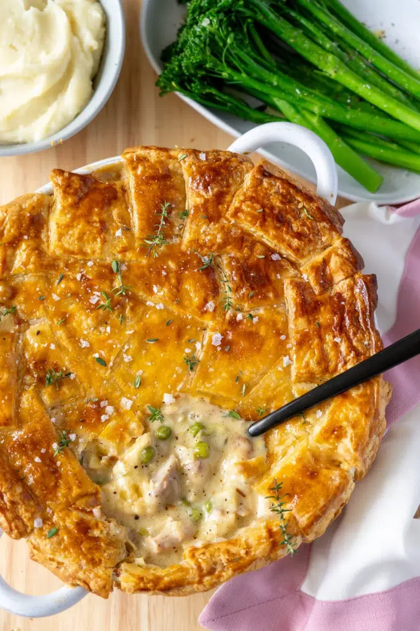 Creamy Chicken and Leek Pot Pie Recipe with Serving Spoon
