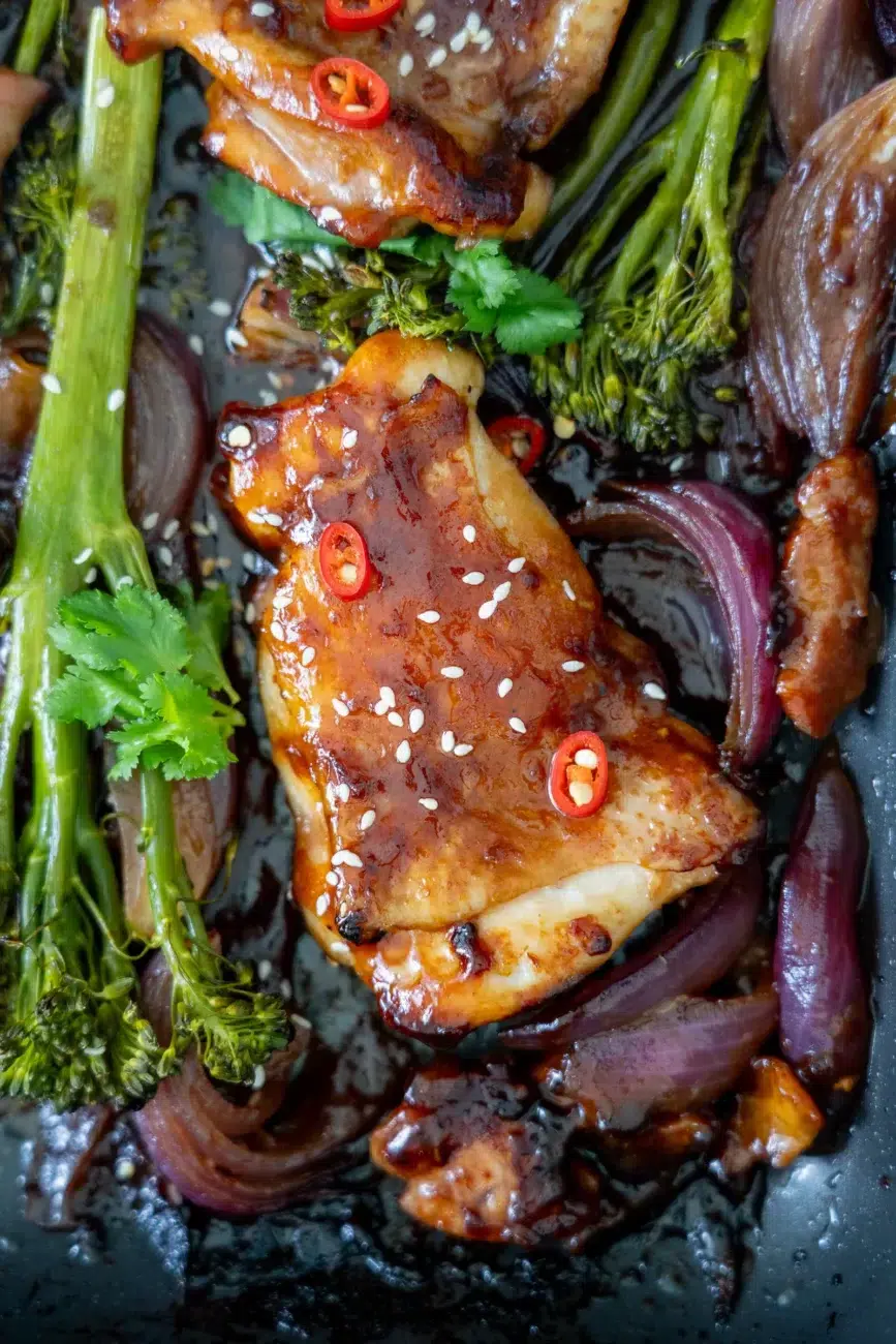Closeup honey soy chicken recipe in tray