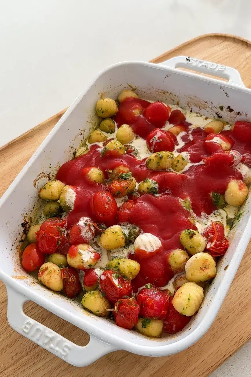 Cream and passata added with gnocchi still exposed