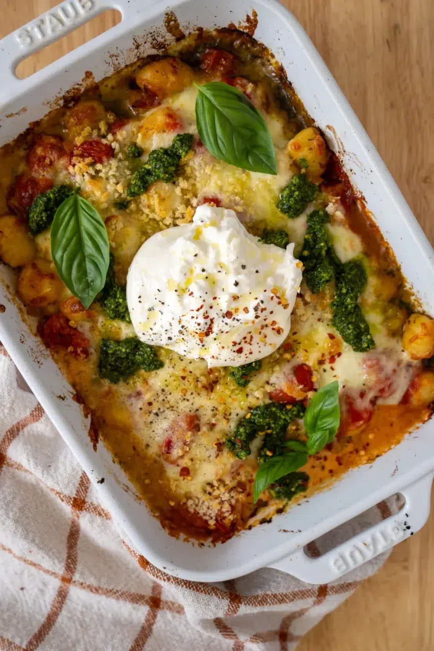 Finished jammy tomato and pesto gnocchi bake (top view)