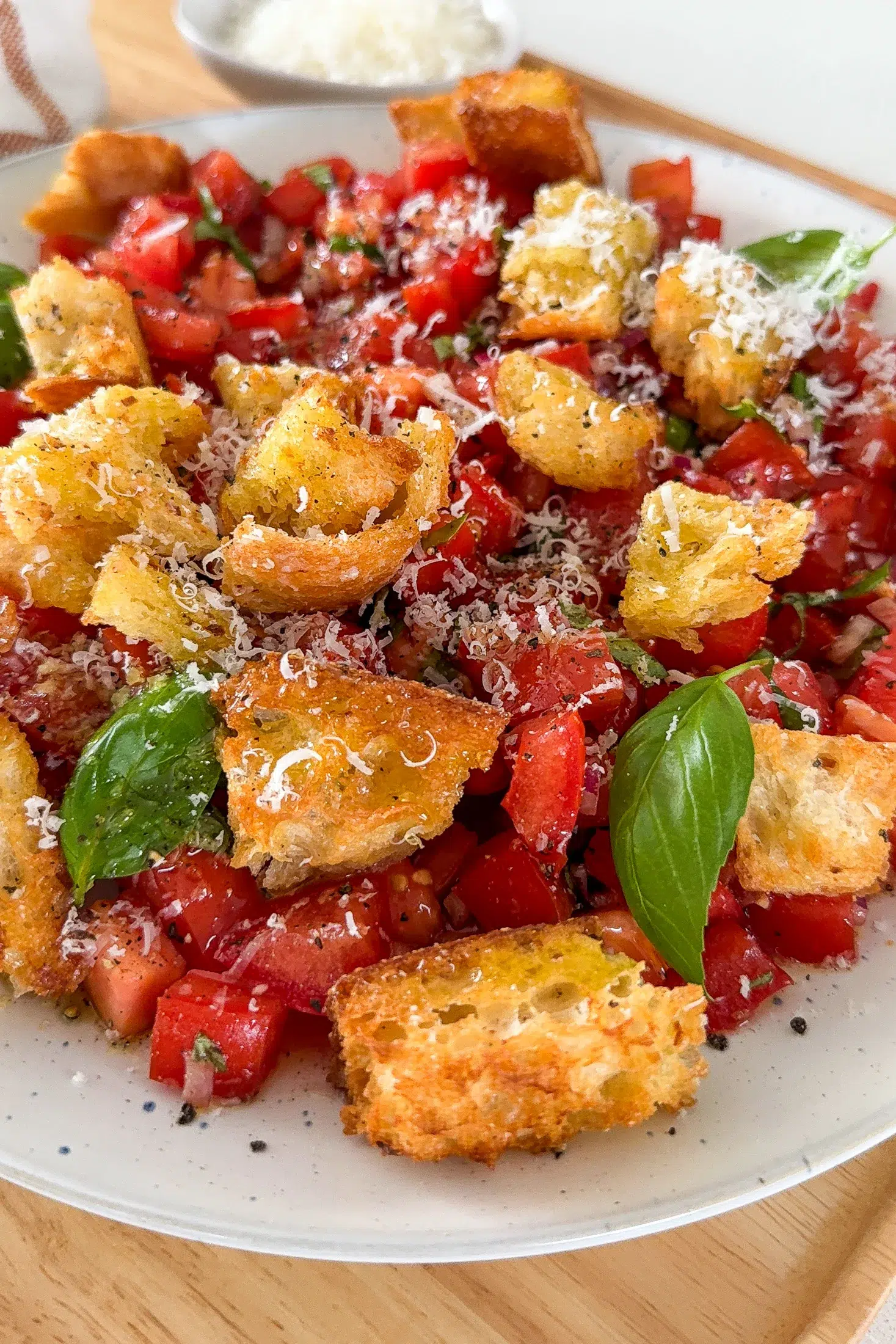 Side view of bruschetta salad plated and ready to serve