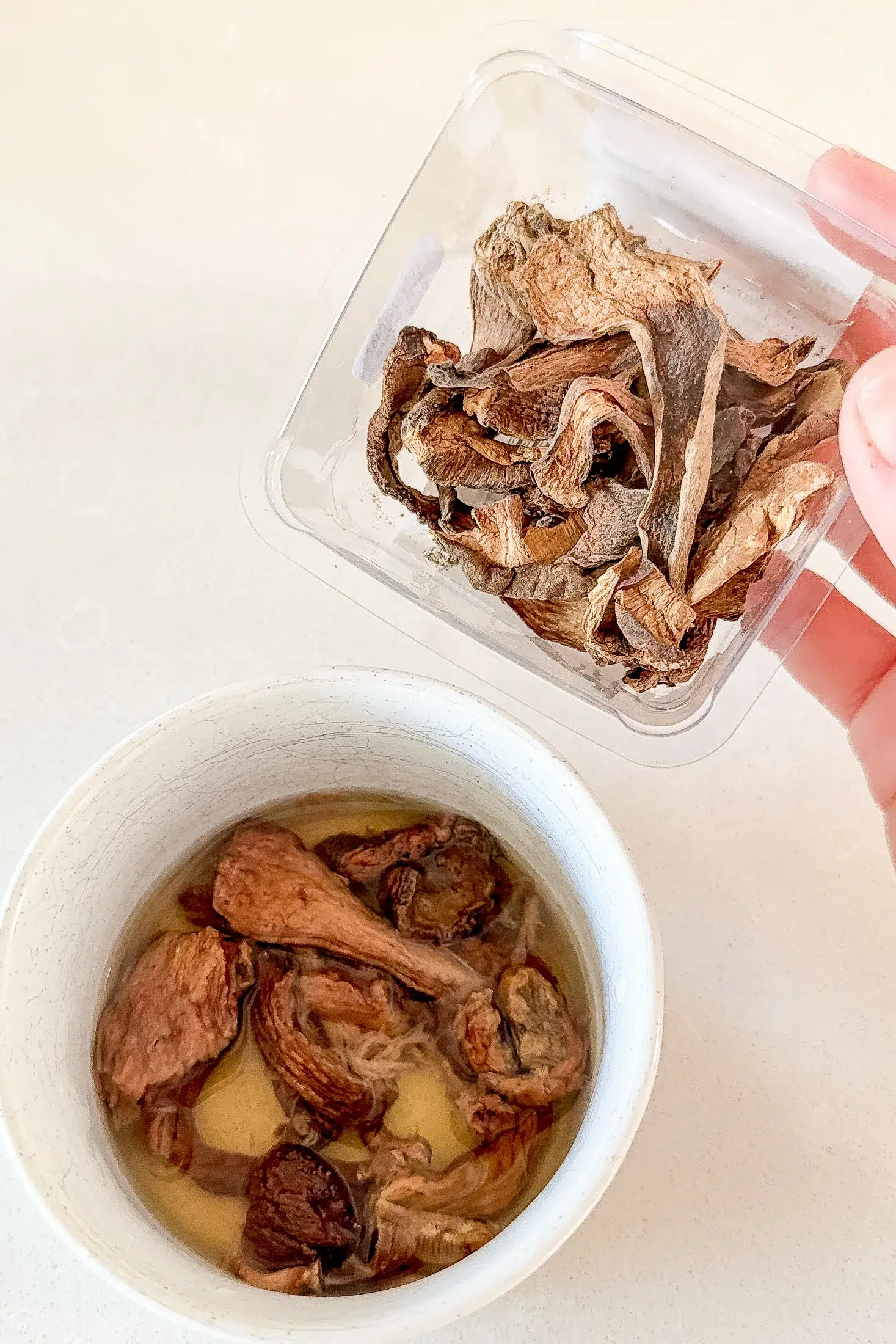 Dried porcini mushrooms before and after soaking in boiling water