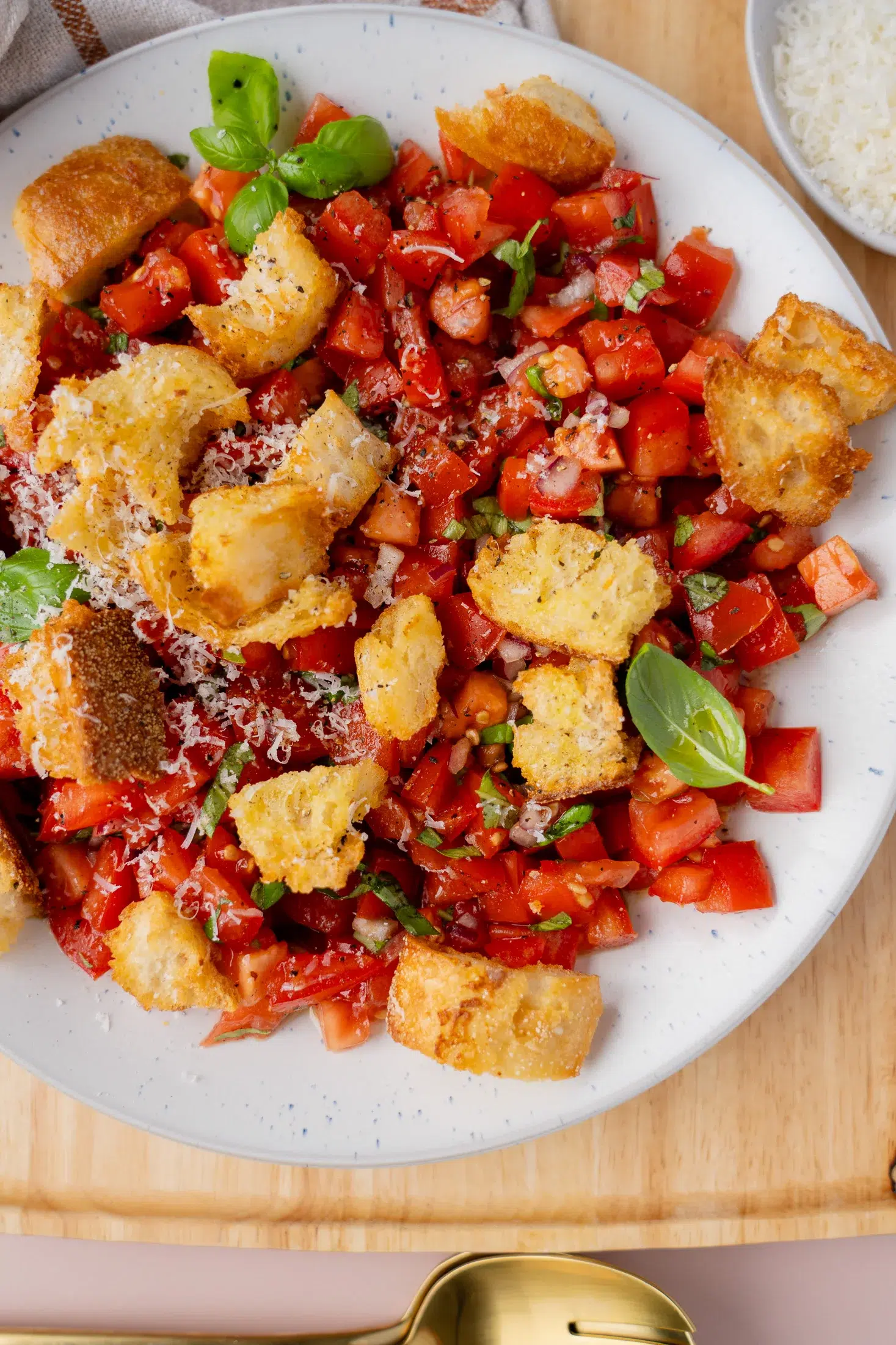 Overhead view of fresh bruschetta salad with crispy croutons